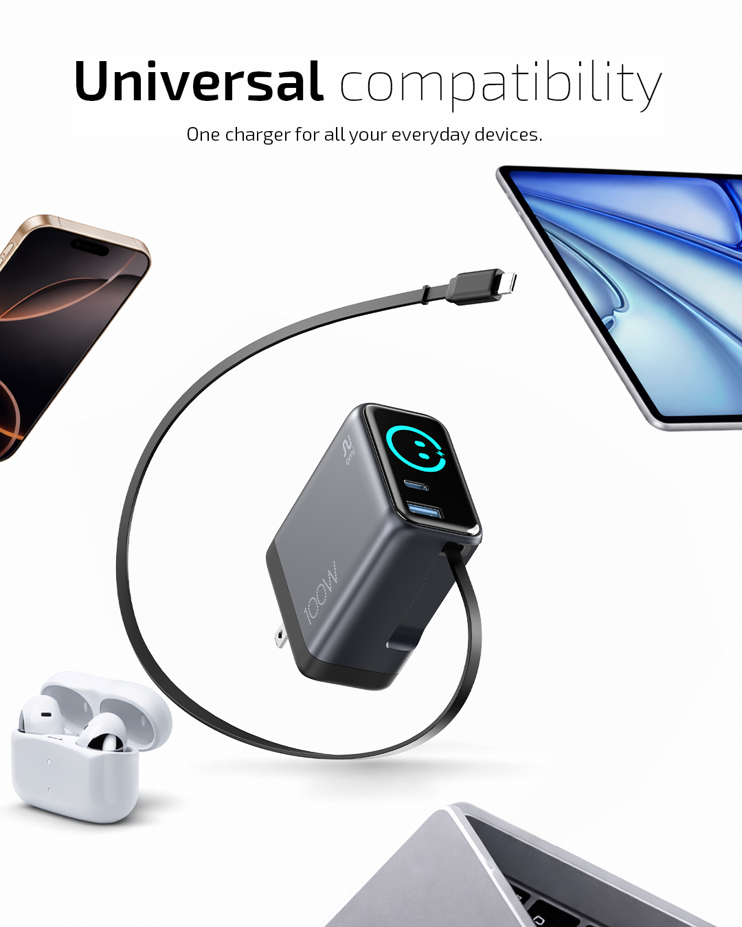 OMI 100W GaN Charger (Interactive Display & Retractable USB-C Cable)