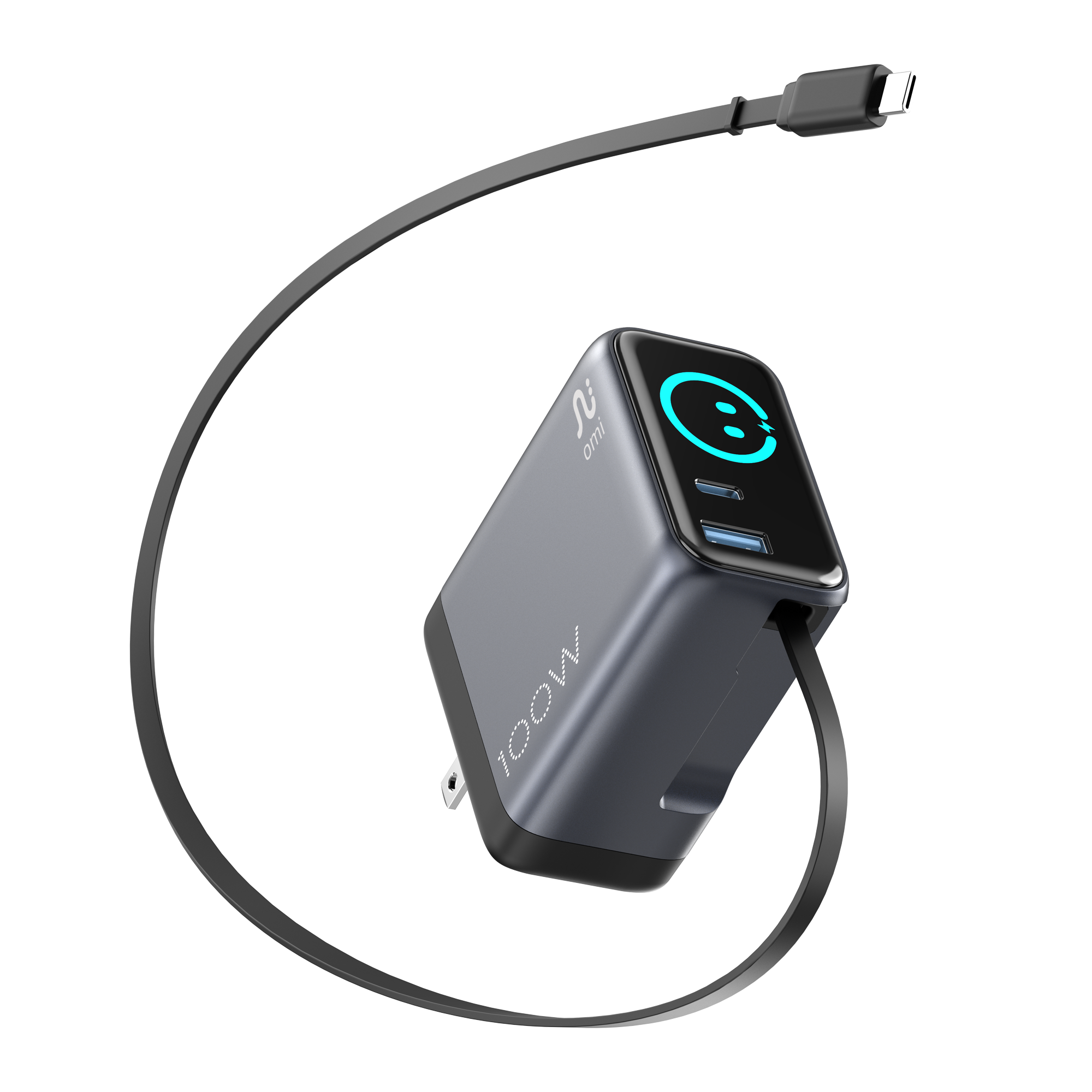 OMI 100W GaN Charger (Interactive Display & Retractable USB-C Cable)