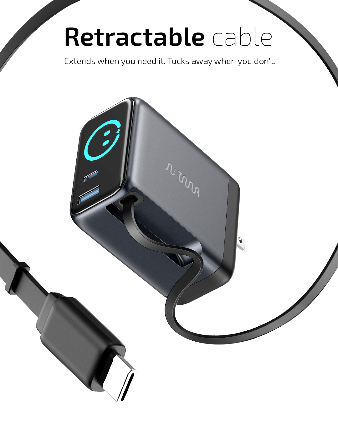 OMI 100W GaN Charger (Interactive Display & Retractable USB-C Cable)