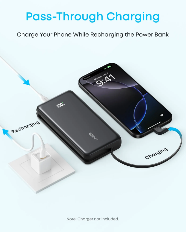 Anker Zolo Powerbank (20kmah, 22.5w, Built-In UsbC 90° Cable)