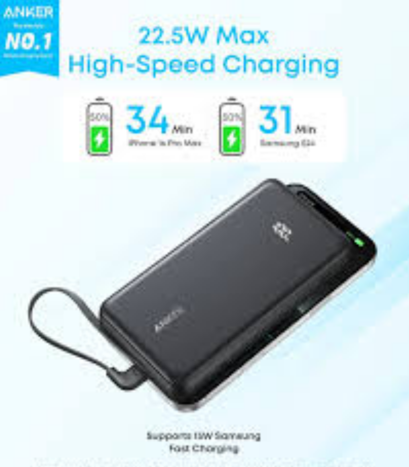 Anker Zolo Powerbank (20kmah, 22.5w, Built-In UsbC 90° Cable)