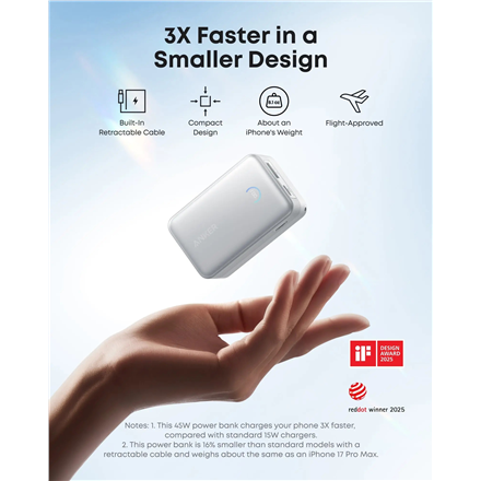 Anker Nano Power Bank 10,000mah, 45w, Built-In Retractable Usb-C Cable