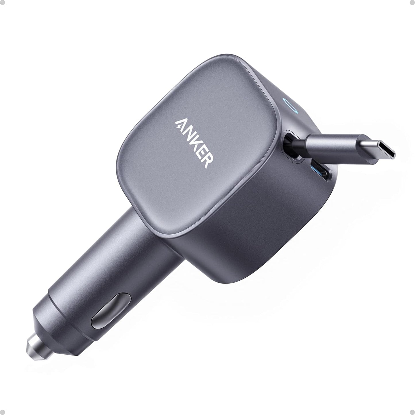 Anker Nano Car Charger 75w, Usb-C Port, Built-In Retractable Usb-C Cable