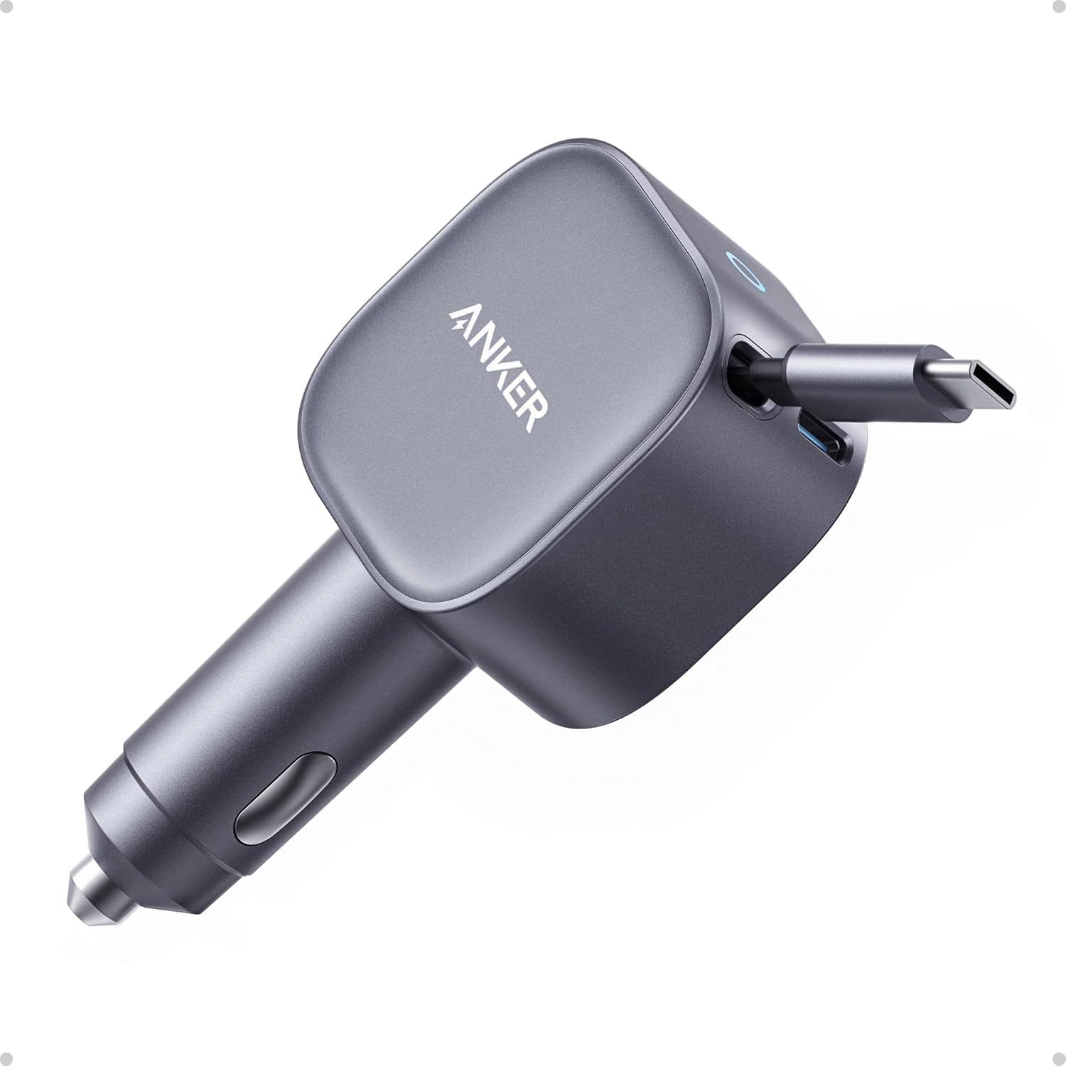 Anker Nano Car Charger 75w, Usb-C Port, Built-In Retractable Usb-C Cable