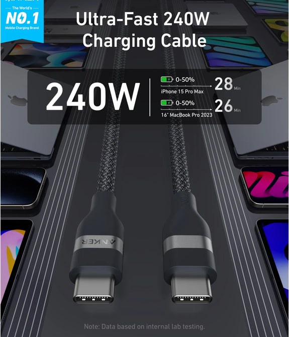 Anker USB-C to USB-C Cable (240W, Upcycled-Braided) - 3ft