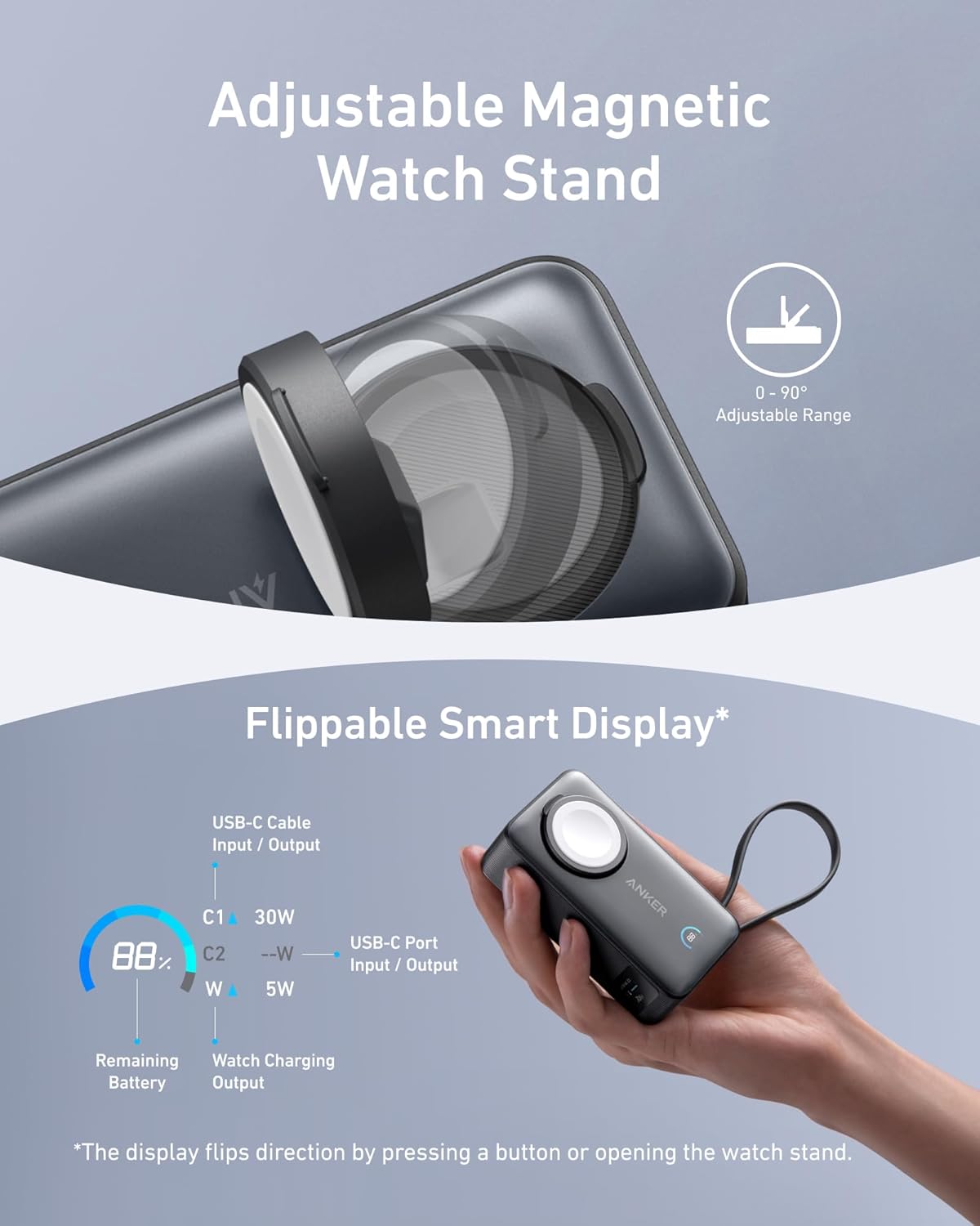 Anker MagGo Powerbank 10,000mah, 35w, For Apple Watch with Built-In Usb-C Cable