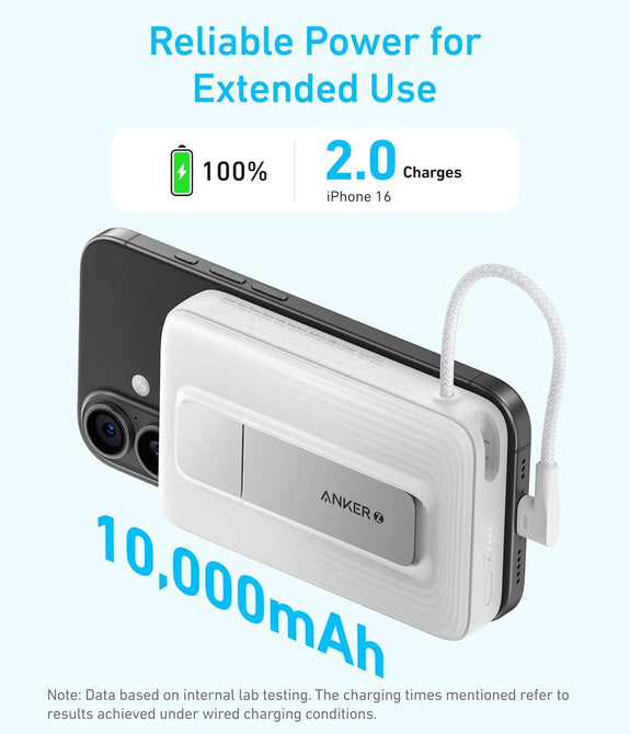 Anker Zolo 10,000mah Magnetic Powerbank, BuiltIn Usb-C Cable, 30w Usb‑C PD Output via Built‑In Right‑angle Cable + 7.5w Wireless Qi Charging, Multi-Angle Stand - Black