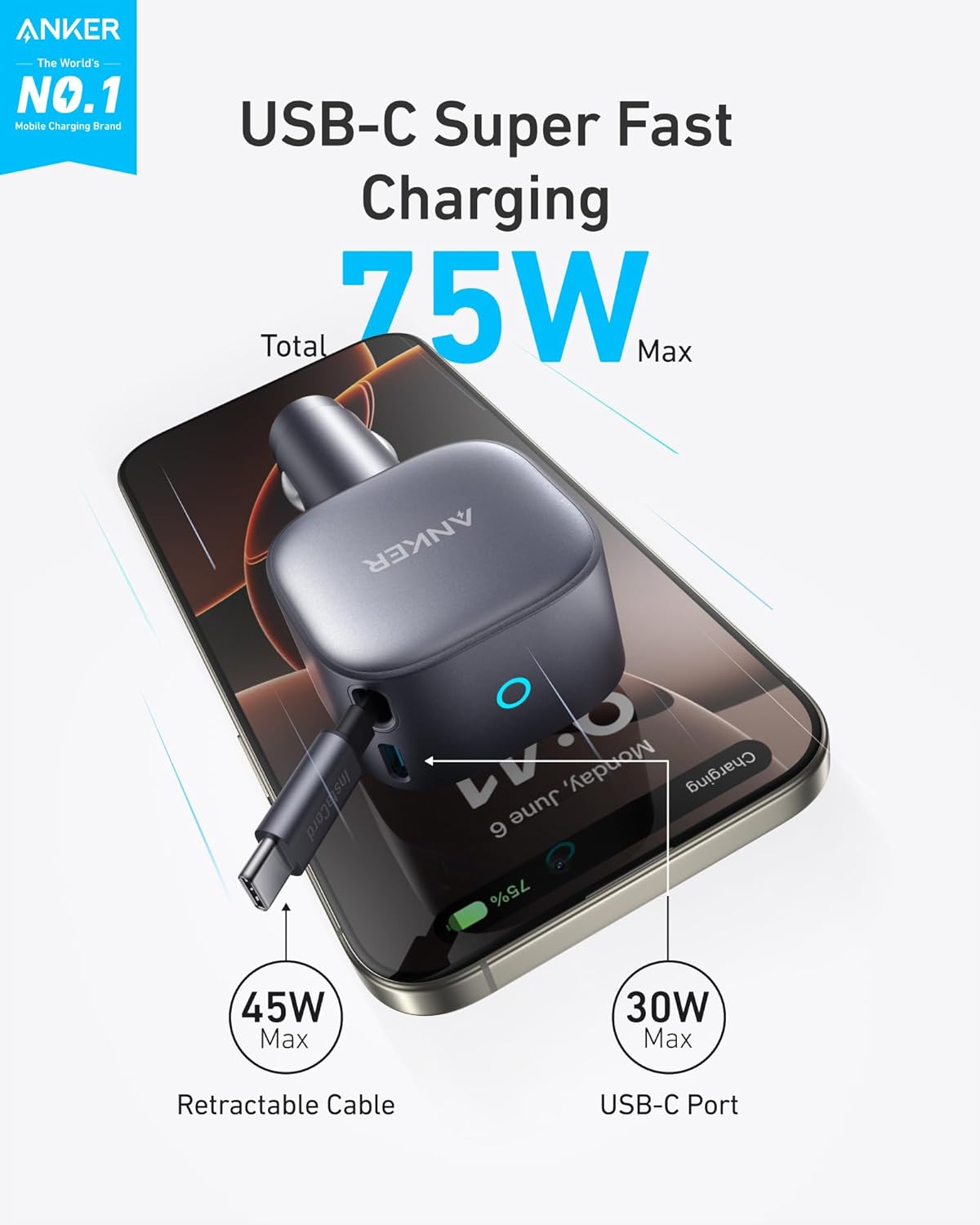 Anker Nano Car Charger 75w, Usb-C Port, Built-In Retractable Usb-C Cable