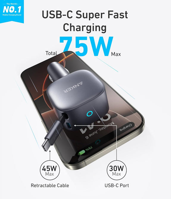 Anker Nano Car Charger 75w, Usb-C Port, Built-In Retractable Usb-C Cable