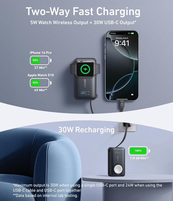 Anker MagGo Powerbank 10,000mah, 35w, For Apple Watch with Built-In Usb-C Cable