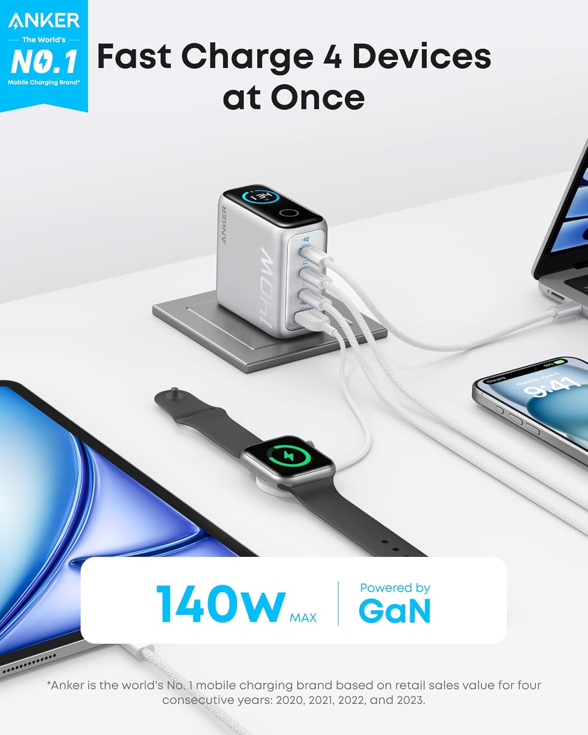 Anker Charger, 140W, 4-Port, PD 3.1 with 5ft Usb-C to Usb-C Cable