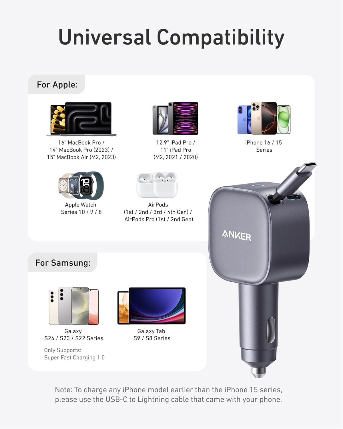 Anker Nano Car Charger 75w, Usb-C Port, Built-In Retractable Usb-C Cable