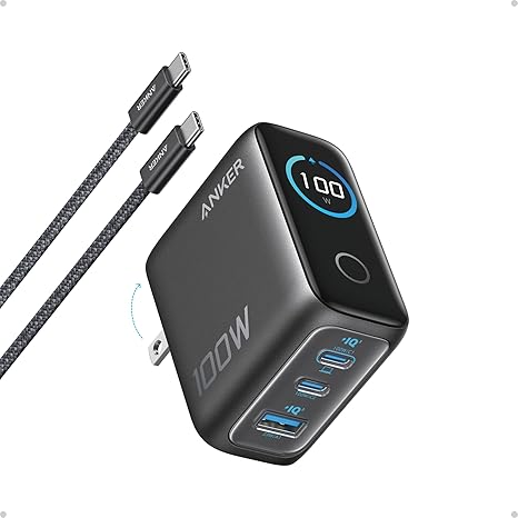 Anker Charger 100W, 3 Ports, Smart Display, with 4.9ft Braided Usb-C to Usb-C Cable,2-Pin (US) - Dark Grey