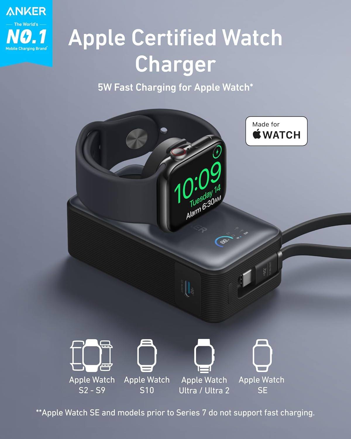 Anker MagGo Powerbank 10,000mah, 35w, For Apple Watch with Built-In Usb-C Cable
