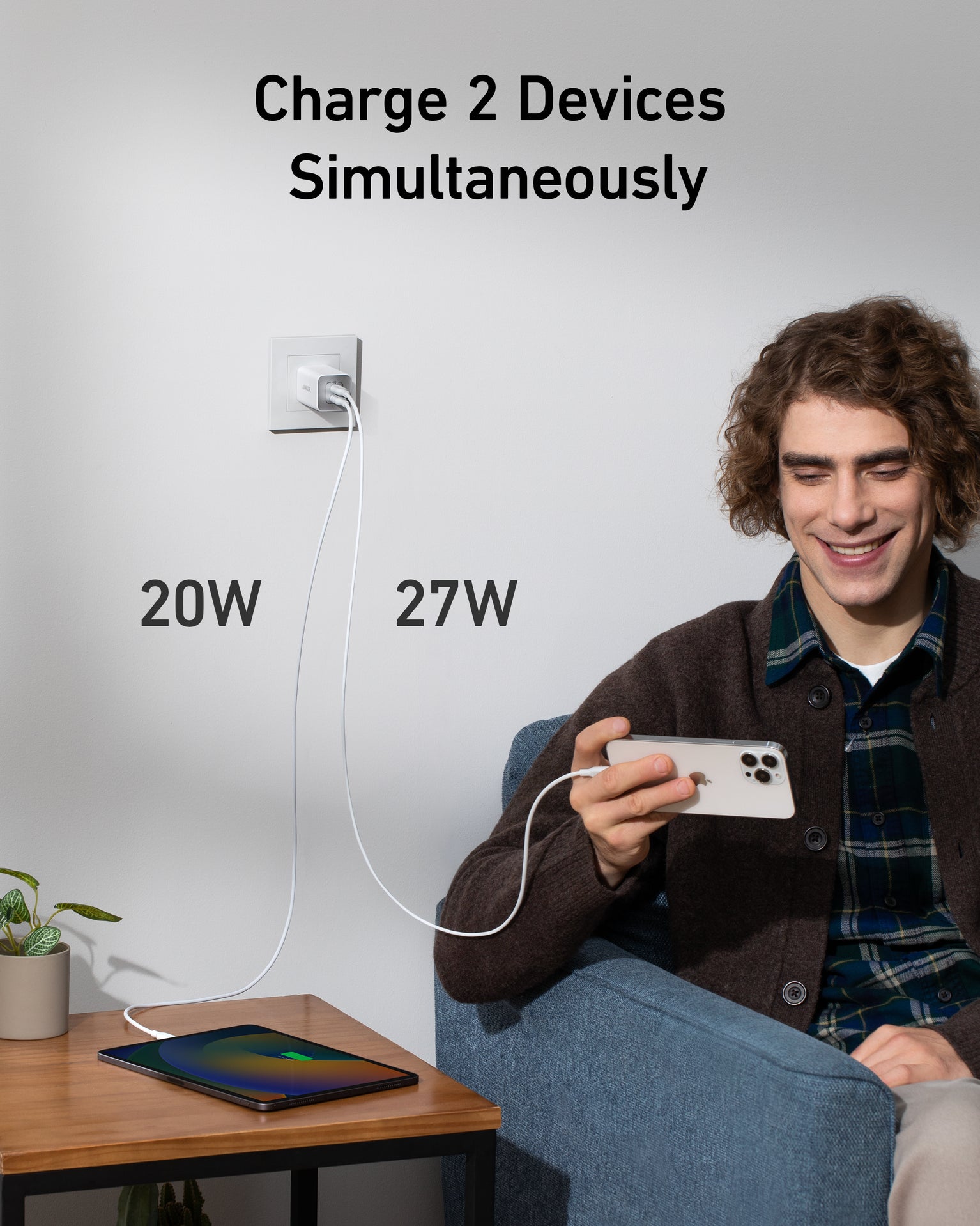Anker 523 Nano 3, 47w Charger, Foldable Plug, 2-Pin (US) - White