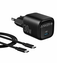 Anker Zolo 30w Usb-C Charger with 3ft Braided Usb-C to Usb-C Cable, IQ & PD 3.0, Mini Charger with Foldable Plugs, Low Temperature Charging, 10°C Cooler than Standard Charging, 2-Pin (EU) - Black