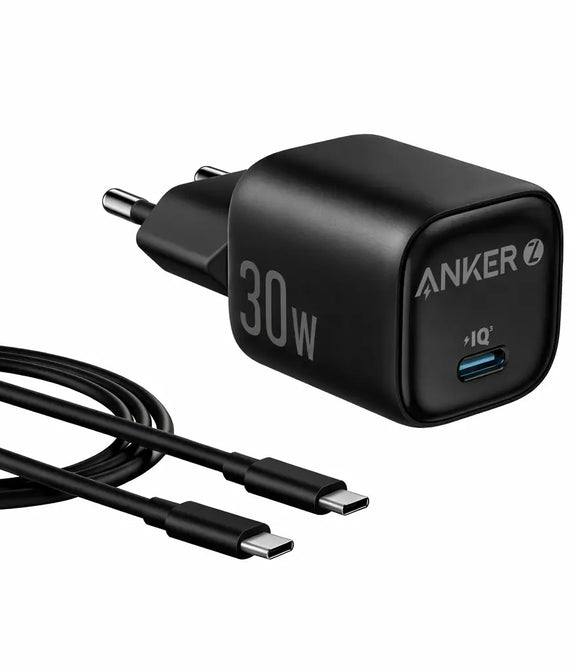Anker Zolo 30w Usb-C Charger with 3ft Braided Usb-C to Usb-C Cable, IQ & PD 3.0, Mini Charger with Foldable Plugs, Low Temperature Charging, 10°C Cooler than Standard Charging, 2-Pin (EU) - Black