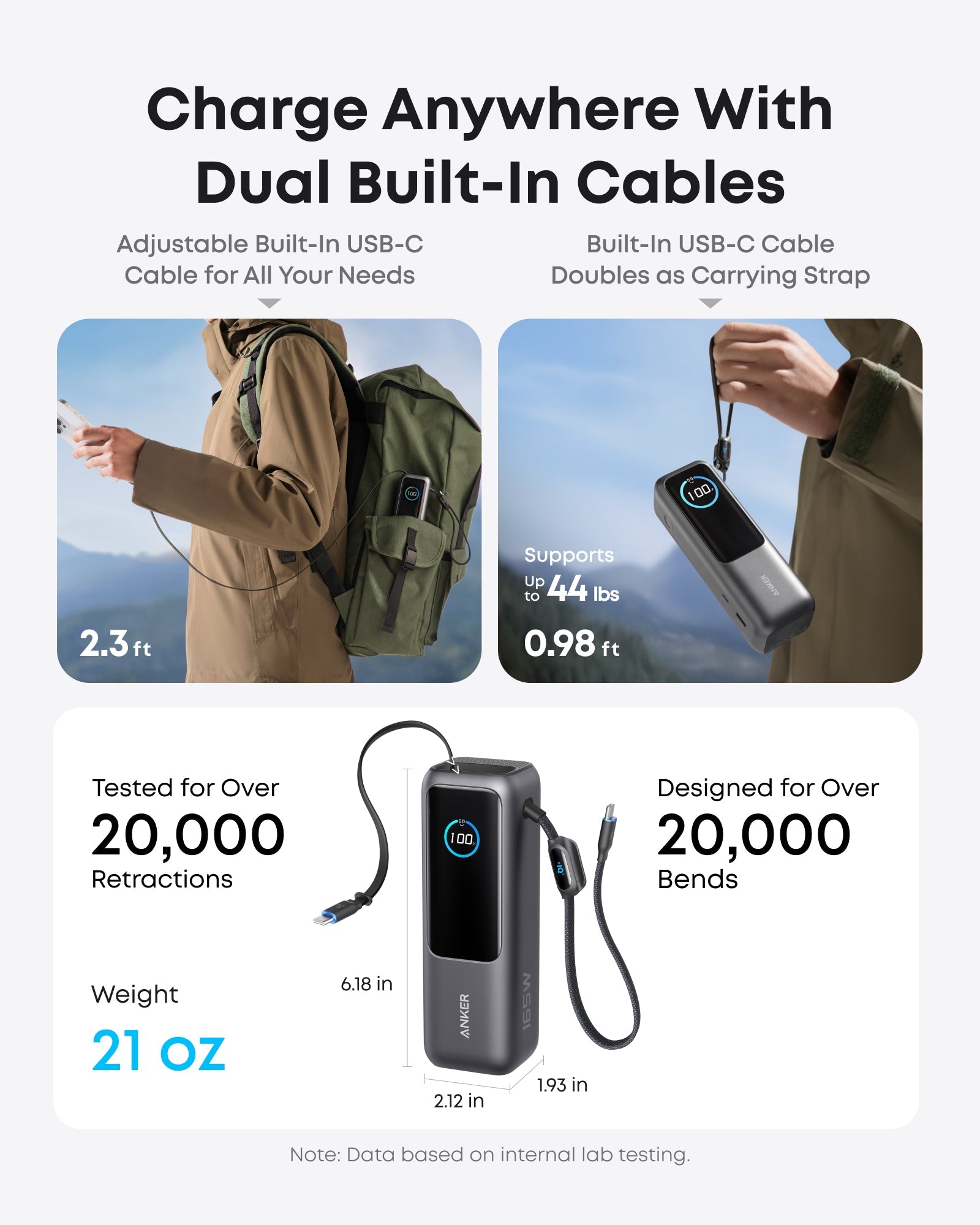 Anker Power Bank retractable USB-C cable pulled out