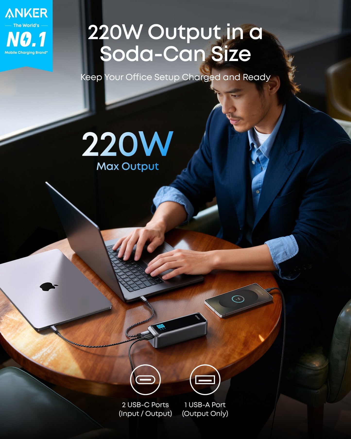 Anker Prime Power Bank charging laptop and phone simultaneously