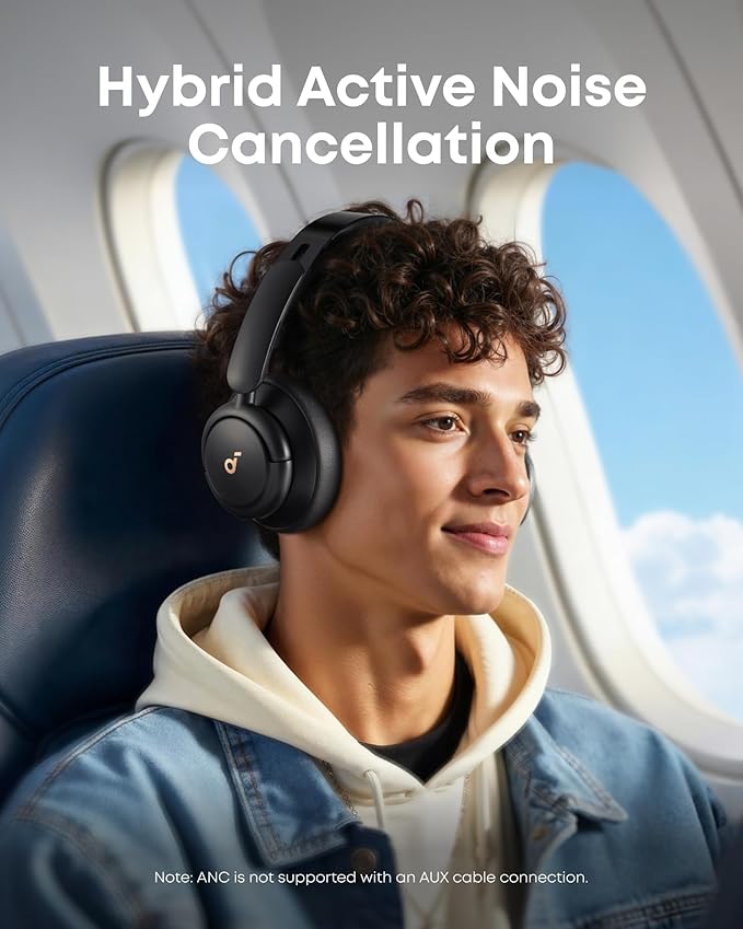 Soundcore Q30 headphones folded with carrying case and cables