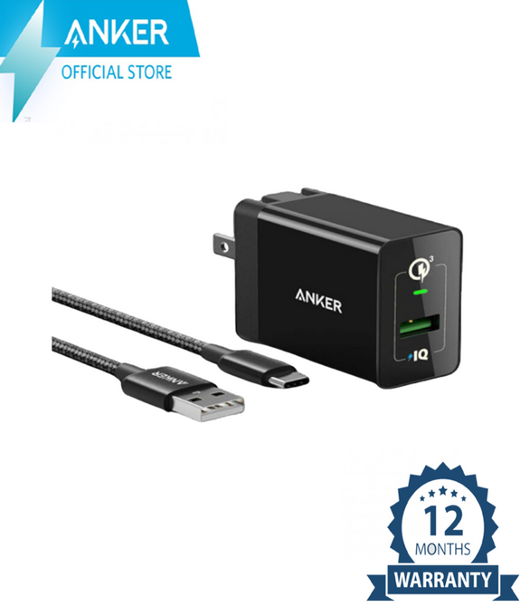 Anker PowerPort+ 1 Quick Charge 3.0 With USB-C Cable 3ft - BLACK