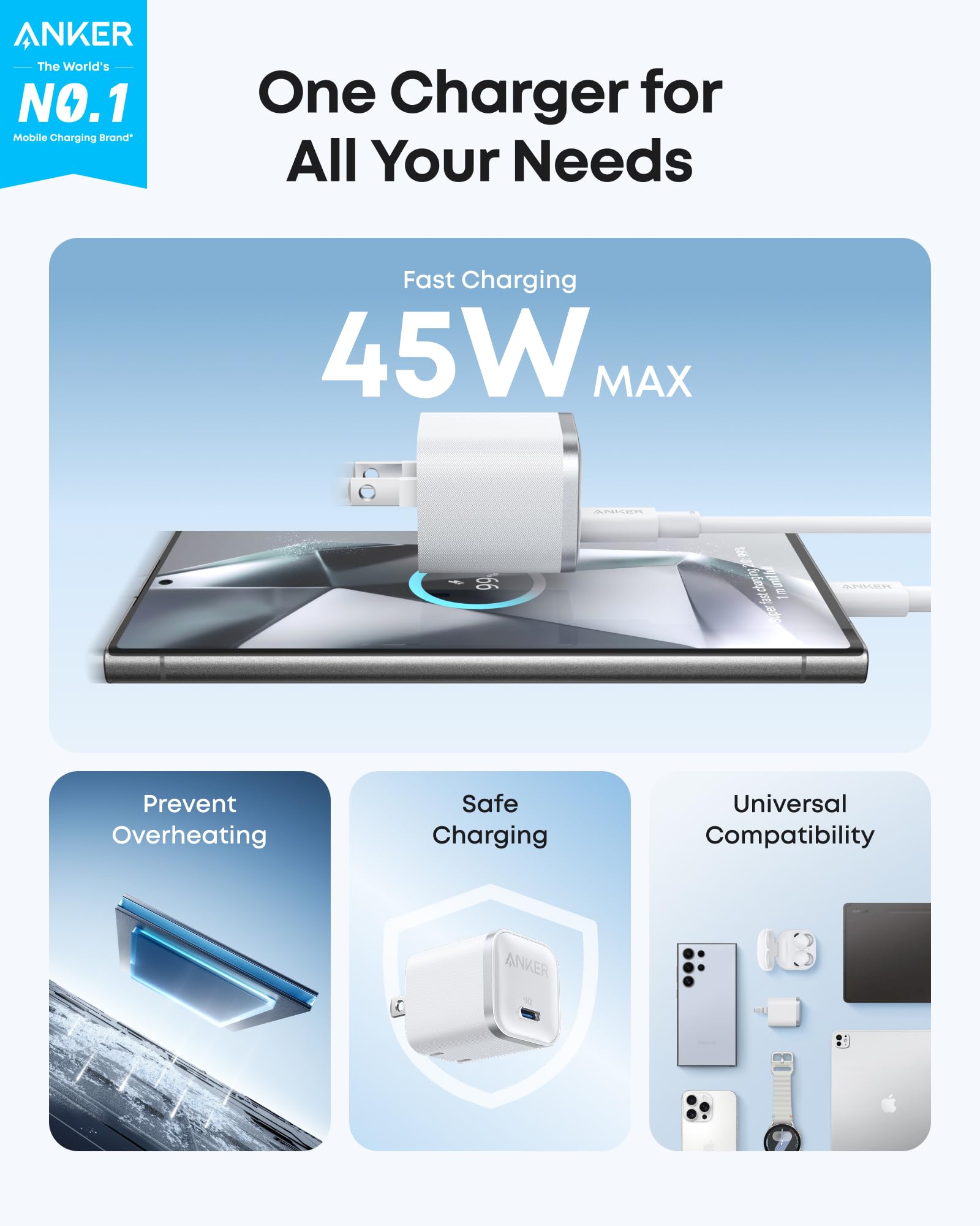 Anker Nano 45W Usb-C Charger, Fast Charging, Compact & Foldable Plug, 2-Pin (US) - White