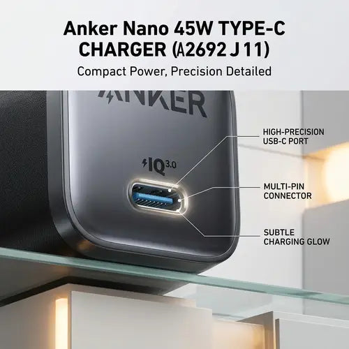 Anker Nano Charger, 45W Fast Charging, Compact and Foldable Plug 2-pin US