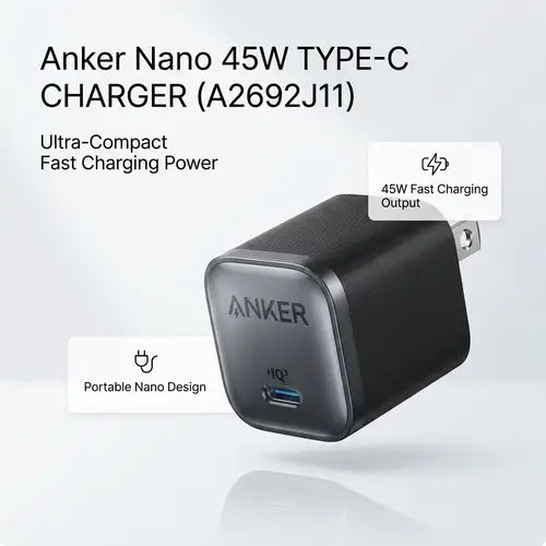 Anker Nano Charger, 45W Fast Charging, Compact and Foldable Plug 2-pin US