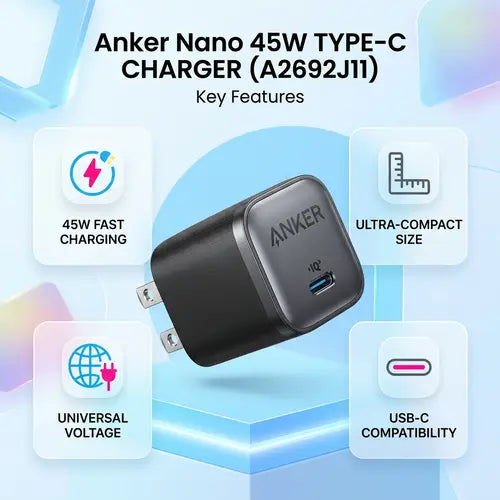 Anker Nano Charger, 45W Fast Charging, Compact and Foldable Plug 2-pin US