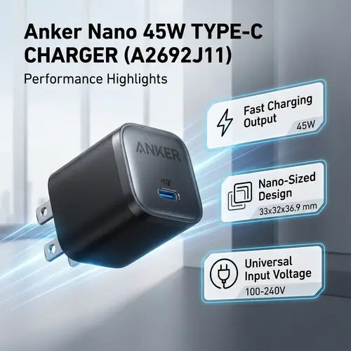 Anker Nano Charger, 45W Fast Charging, Compact and Foldable Plug 2-pin US