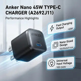 Anker Nano Charger, 45W Fast Charging, Compact and Foldable Plug 2-pin US