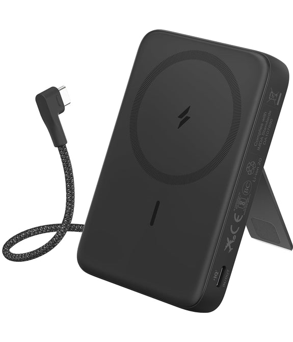 Anker Zolo 10,000mah Magnetic Powerbank, BuiltIn Usb-C Cable, 30w Usb‑C PD Output via Built‑In Right‑angle Cable + 7.5w Wireless Qi Charging, Multi-Angle Stand - Black